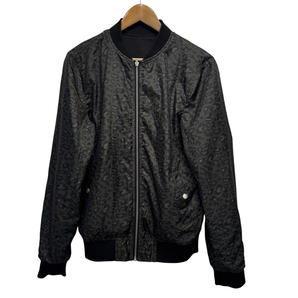 J. Lindeberg Men's‎ S Full Zip Reversible Black/Green Leopard Wool Bomber Jacket